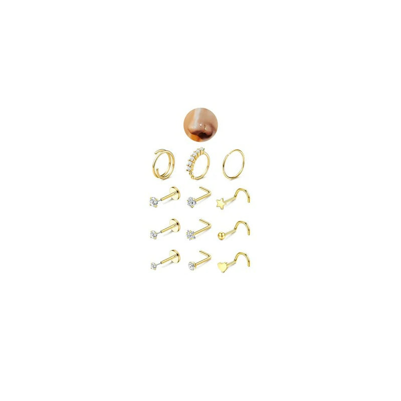 14K Gold Filled Hypoallergenic Surgical Steel Nose Ring Hoops CZ Lip Ring Screw L Shaped Studs Threadless Flat Back Stud