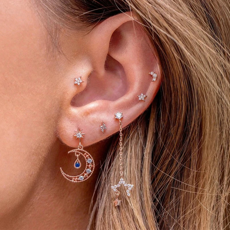 14K Gold Moon Star Tassel Chain Stud Earring Set Asymmetric Trendy Stacked Earrings