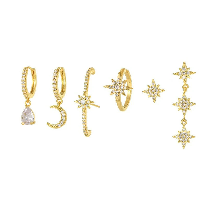 14K Gold Moon Star Tassel Chain Stud Earring Set Asymmetric Trendy Stacked Earrings