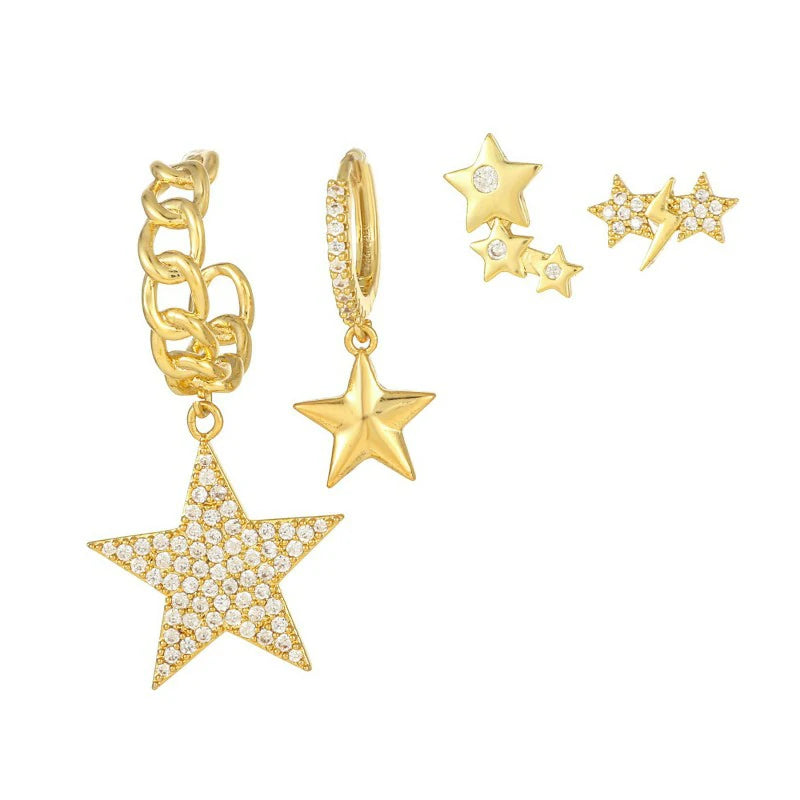 14K Gold Moon Star Tassel Chain Stud Earring Set Asymmetric Trendy Stacked Earrings