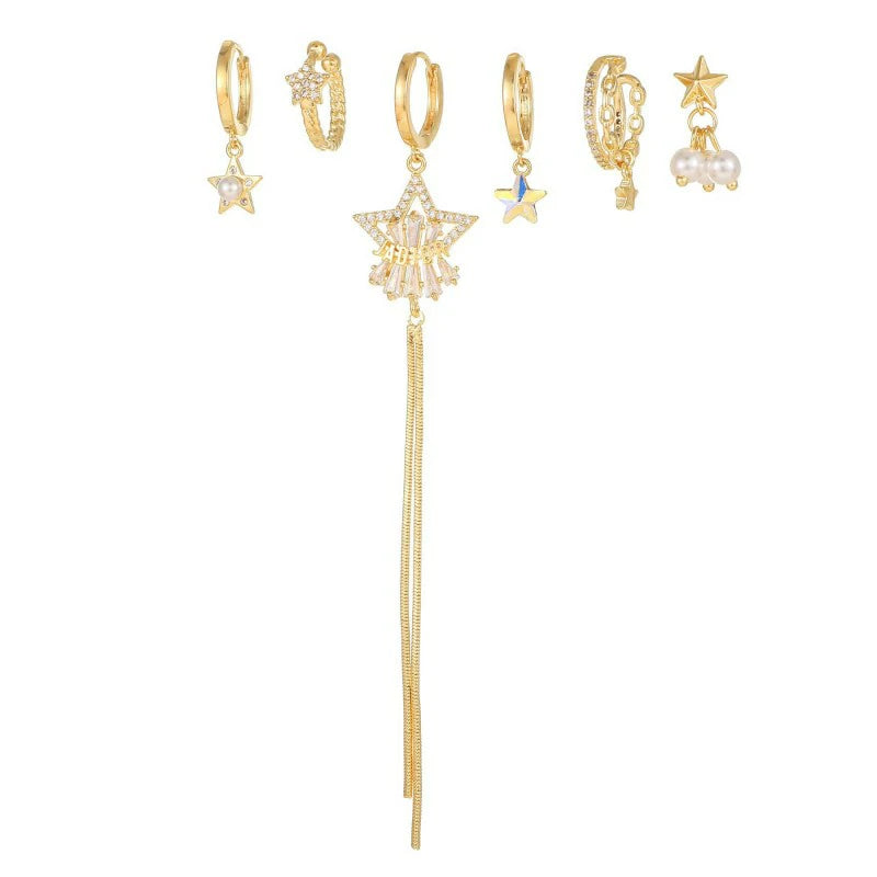 14K Gold Moon Star Tassel Chain Stud Earring Set Asymmetric Trendy Stacked Earrings