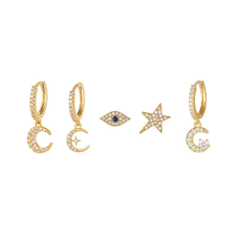 14K Gold Moon Star Tassel Chain Stud Earring Set Asymmetric Trendy Stacked Earrings