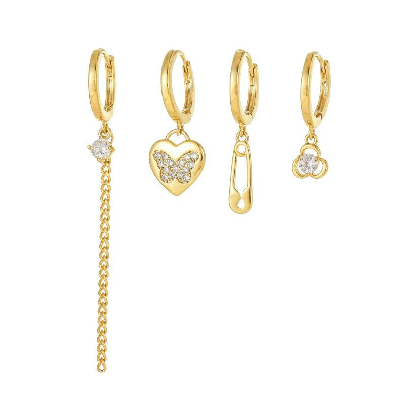 14K Gold Moon Star Tassel Chain Stud Earring Set Asymmetric Trendy Stacked Earrings