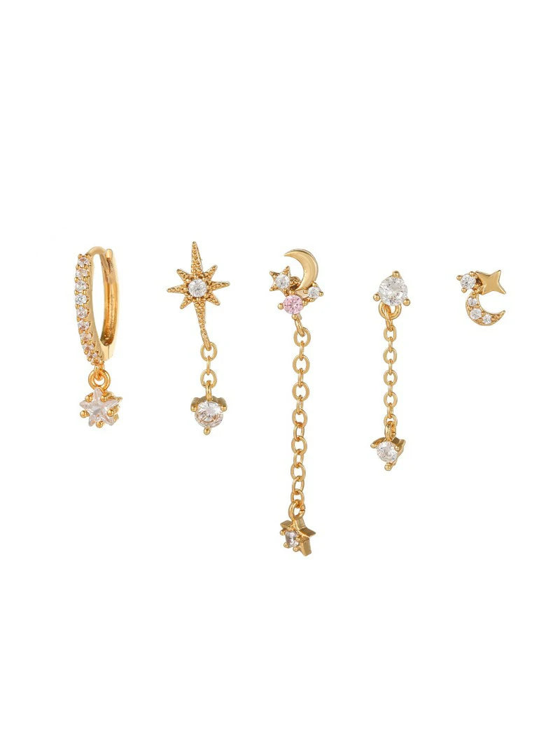 14K Gold Moon Star Tassel Chain Stud Earring Set Asymmetric Trendy Stacked Earrings