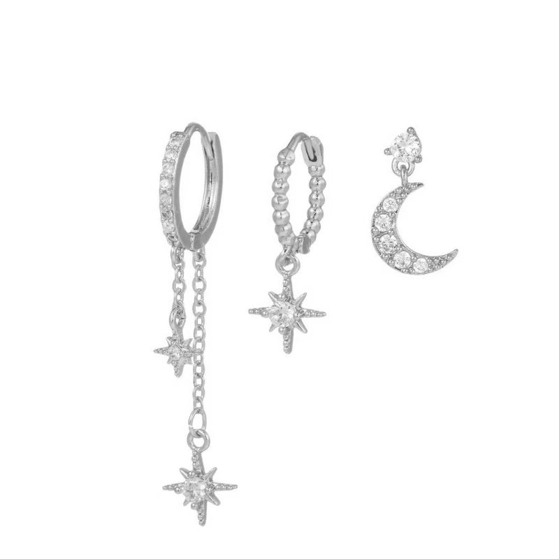 14K Gold Moon Star Tassel Chain Stud Earring Set Asymmetric Trendy Stacked Earrings