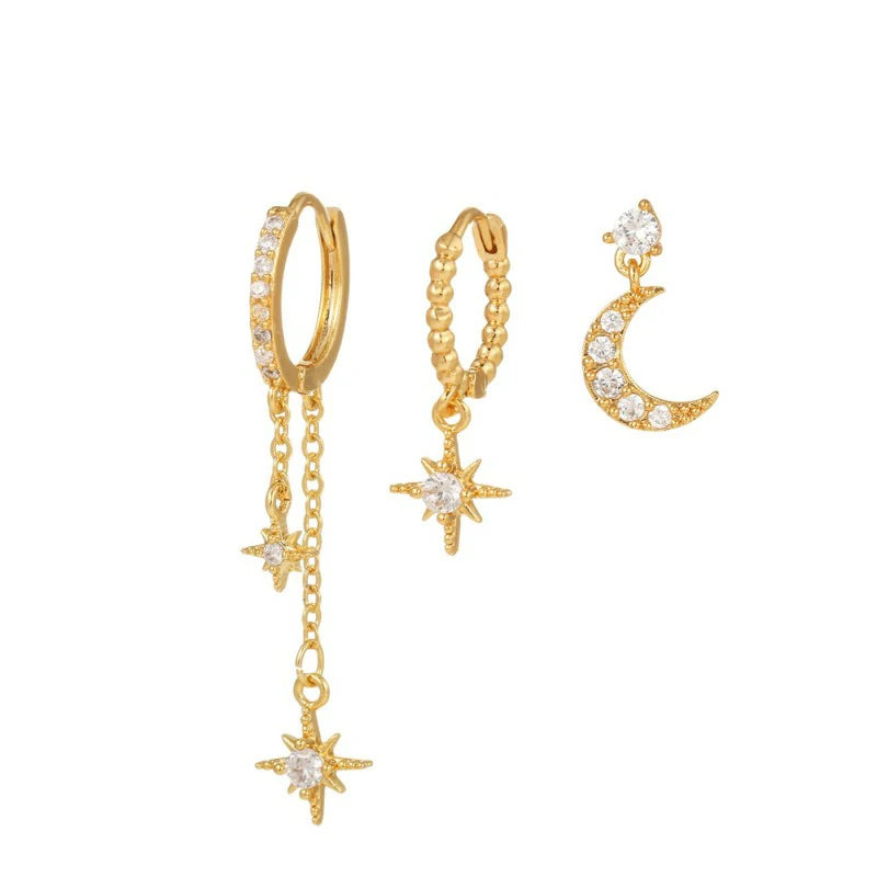 14K Gold Moon Star Tassel Chain Stud Earring Set Asymmetric Trendy Stacked Earrings