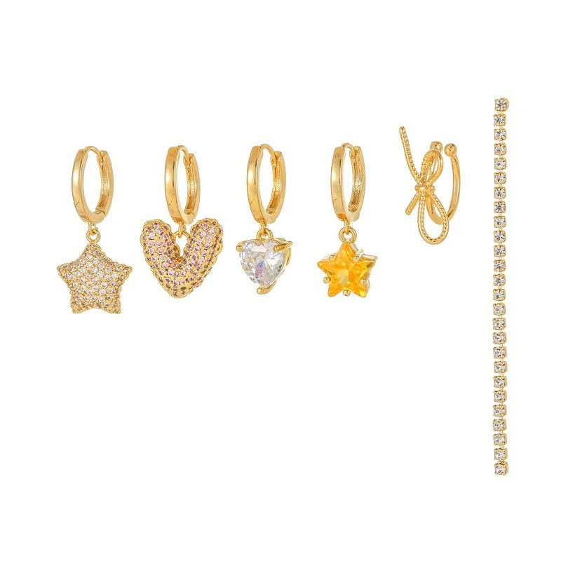 14K Gold Moon Star Tassel Chain Stud Earring Set Asymmetric Trendy Stacked Earrings