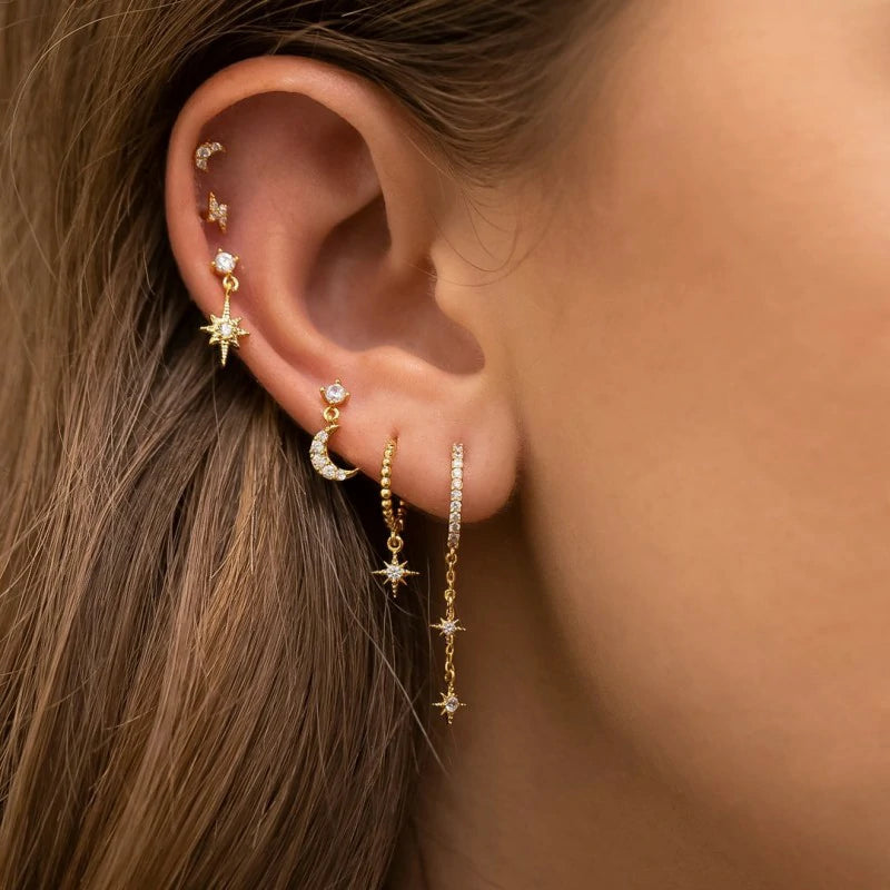 14K Gold Moon Star Tassel Chain Stud Earring Set Asymmetric Trendy Stacked Earrings