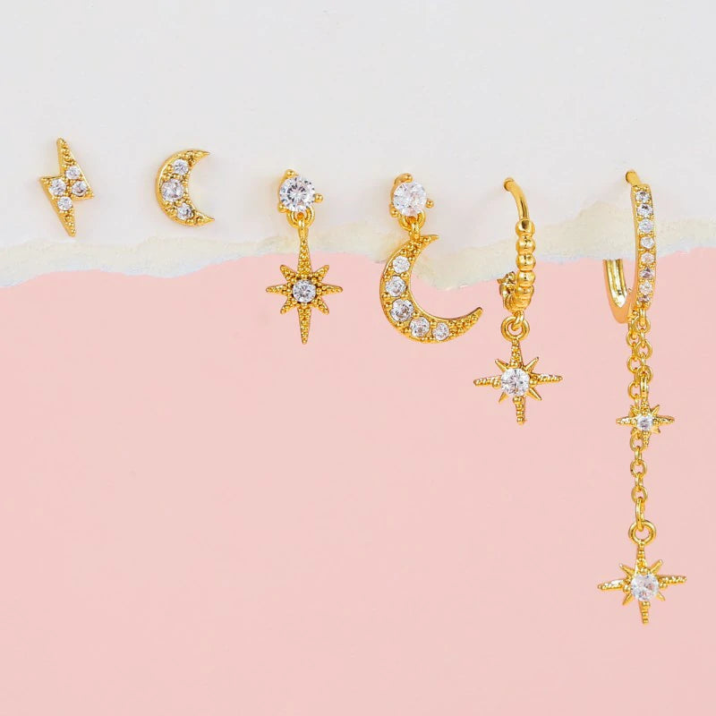 14K Gold Moon Star Tassel Chain Stud Earring Set Asymmetric Trendy Stacked Earrings
