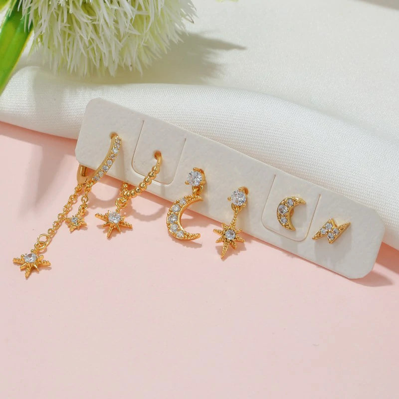 14K Gold Moon Star Tassel Chain Stud Earring Set Asymmetric Trendy Stacked Earrings