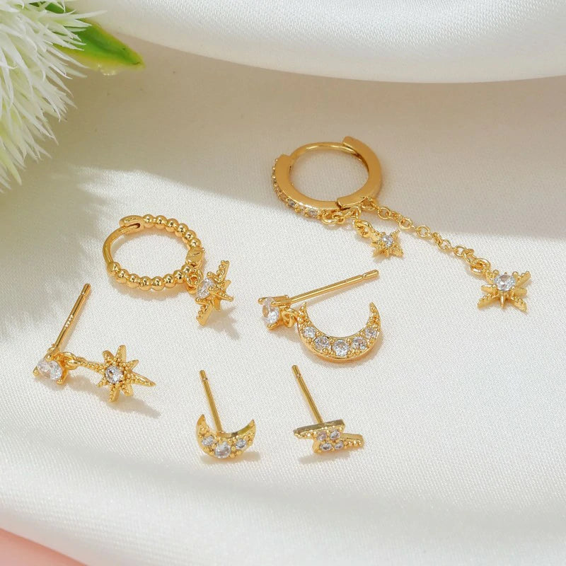 14K Gold Moon Star Tassel Chain Stud Earring Set Asymmetric Trendy Stacked Earrings