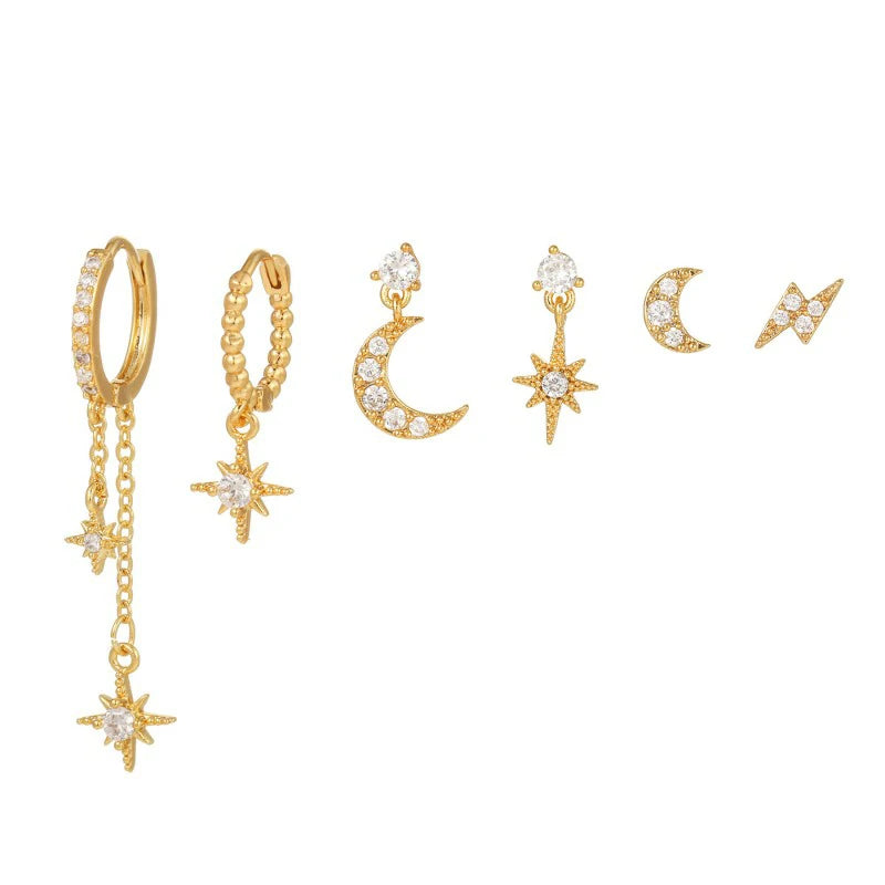 14K Gold Moon Star Tassel Chain Stud Earring Set Asymmetric Trendy Stacked Earrings
