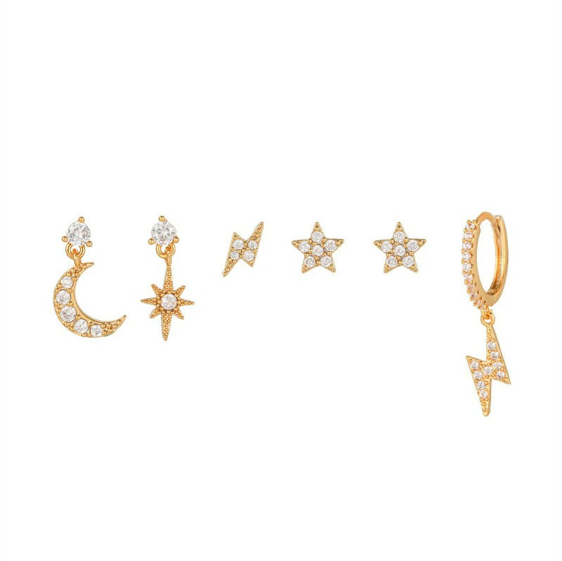 14K Gold Moon Star Tassel Chain Stud Earring Set Asymmetric Trendy Stacked Earrings