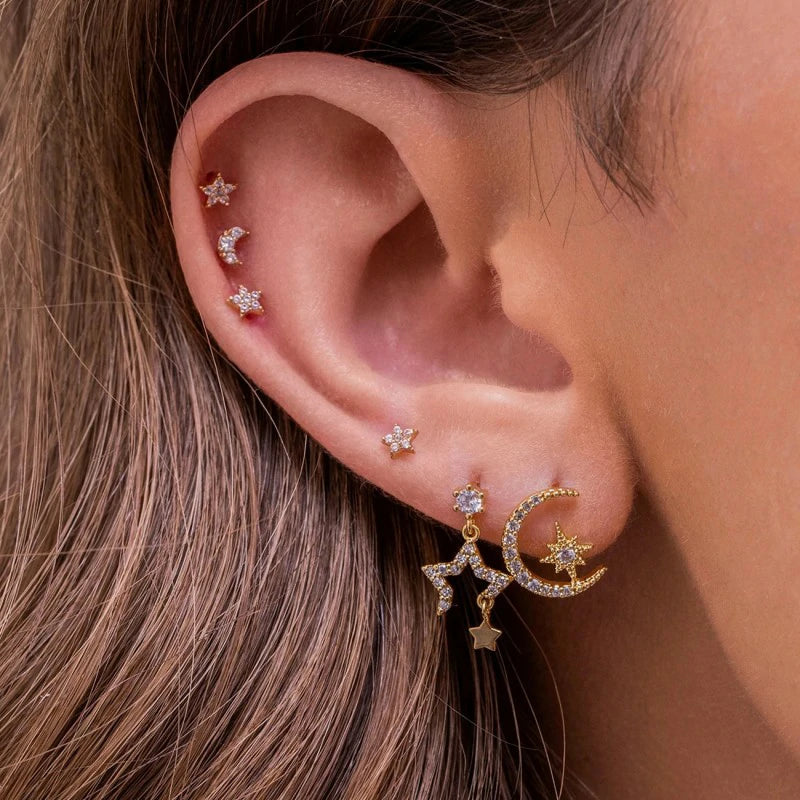 14K Gold Moon Star Tassel Chain Stud Earring Set Asymmetric Trendy Stacked Earrings