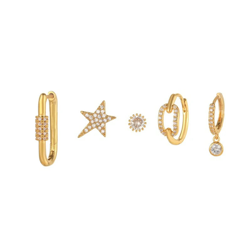 14K Gold Moon Star Tassel Chain Stud Earring Set Asymmetric Trendy Stacked Earrings