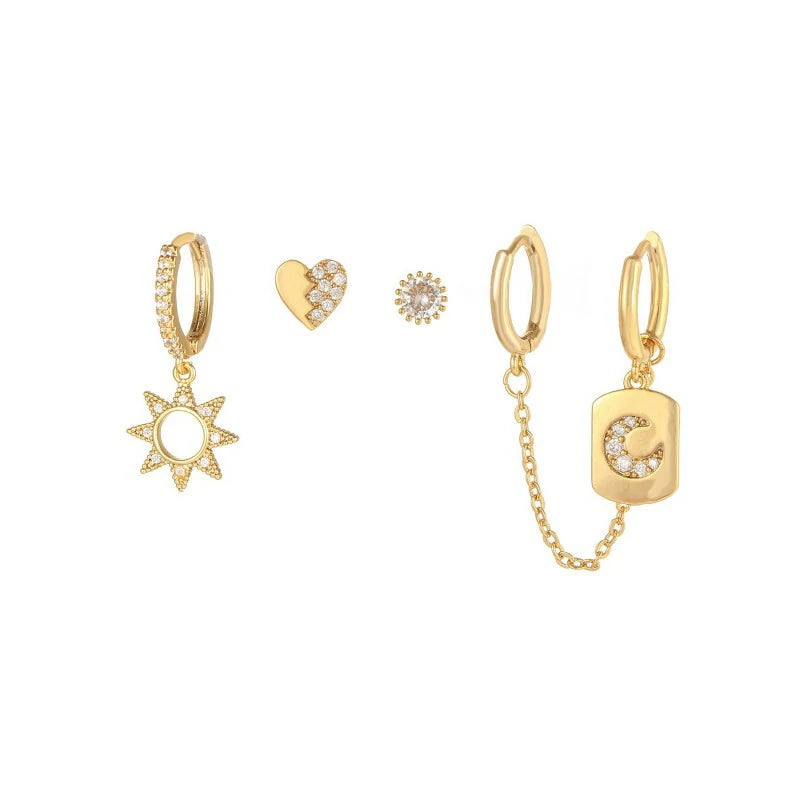 14K Gold Moon Star Tassel Chain Stud Earring Set Asymmetric Trendy Stacked Earrings