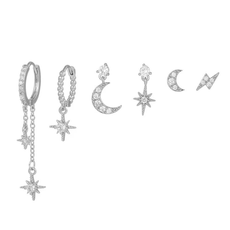 14K Gold Moon Star Tassel Chain Stud Earring Set Asymmetric Trendy Stacked Earrings