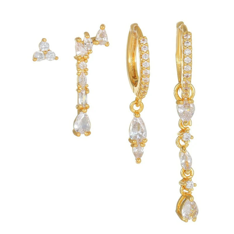 14K Gold Moon Star Tassel Chain Stud Earring Set Asymmetric Trendy Stacked Earrings