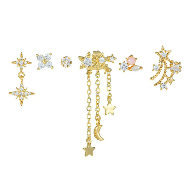14K Gold Moon Star Tassel Chain Stud Earring Set Asymmetric Trendy Stacked Earrings