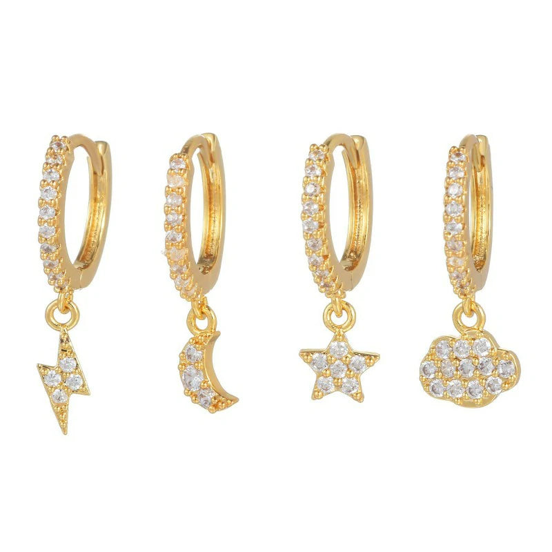 14K Gold Moon Star Tassel Chain Stud Earring Set Asymmetric Trendy Stacked Earrings