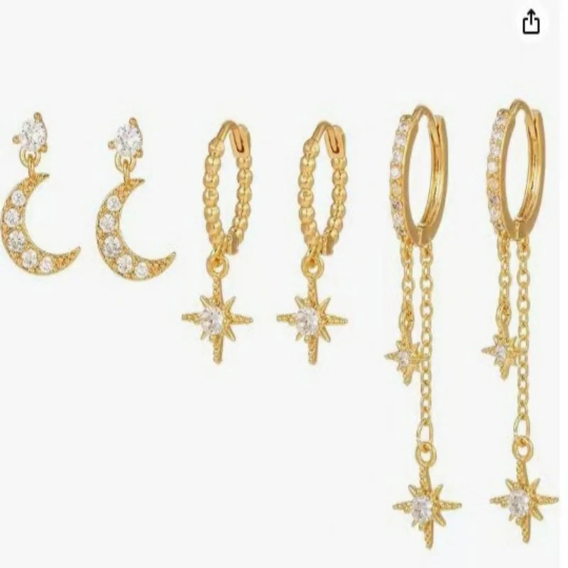 14K Gold Moon Star Tassel Chain Stud Earring Set Asymmetric Trendy Stacked Earrings