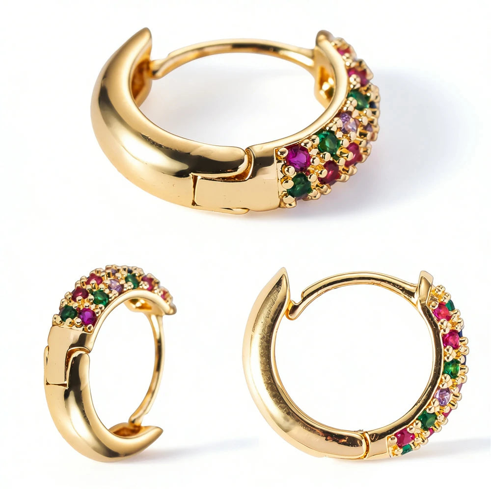 14K Gold Plated 925 Sterling Silver Post Pave Cubic Zirconia Hoop Cuff Huggie Earrings Jewelry