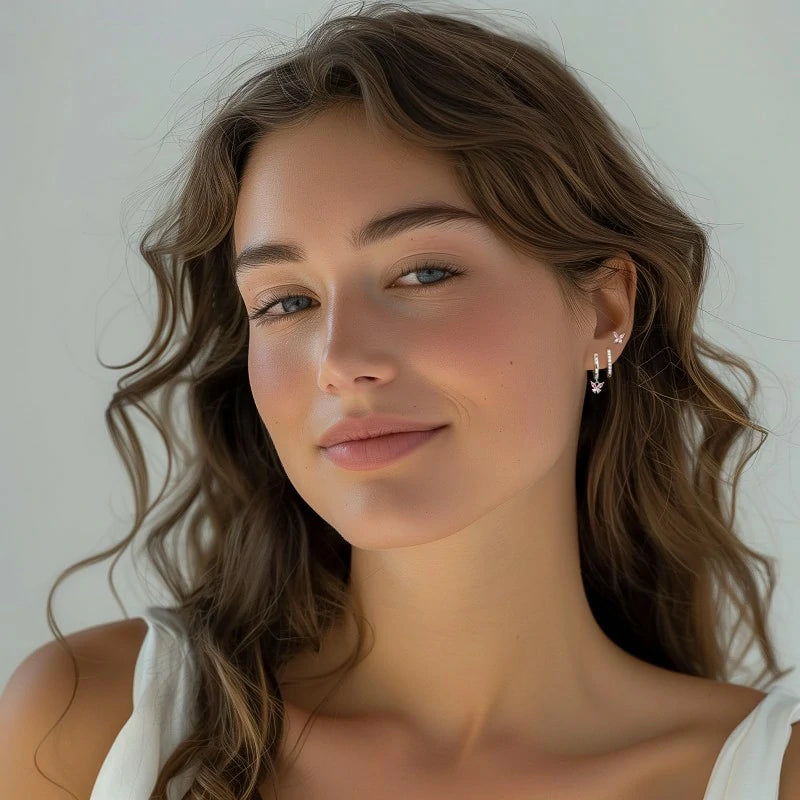 14K Gold Plated Hoop Earrings Dainty Pink Butterfly Star Sun Heart Hoop Earring Sets