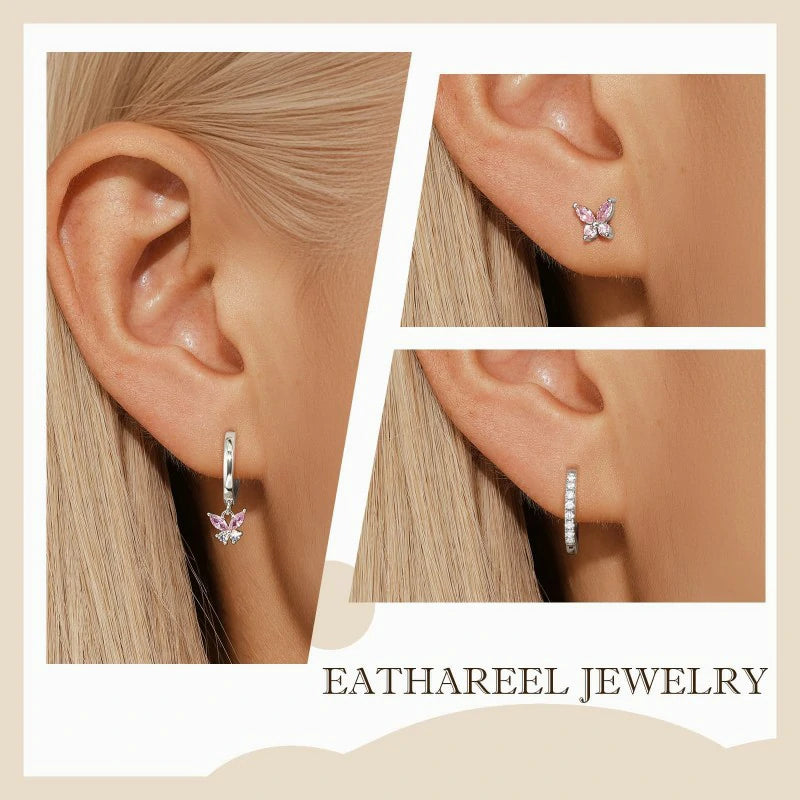 14K Gold Plated Hoop Earrings Dainty Pink Butterfly Star Sun Heart Hoop Earring Sets