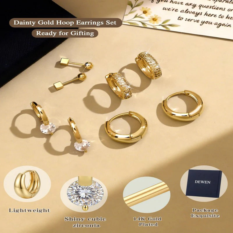 14K Gold Plated Hoop Huggie Earrings Set Hypoallergenic Lightweight Multiple