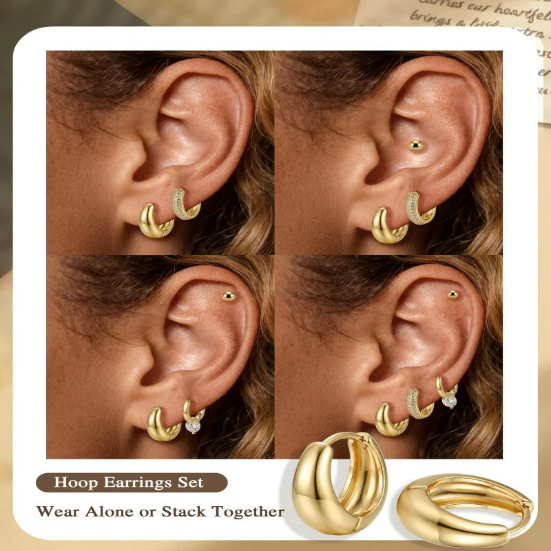 14K Gold Plated Hoop Huggie Earrings Set Hypoallergenic Lightweight Multiple