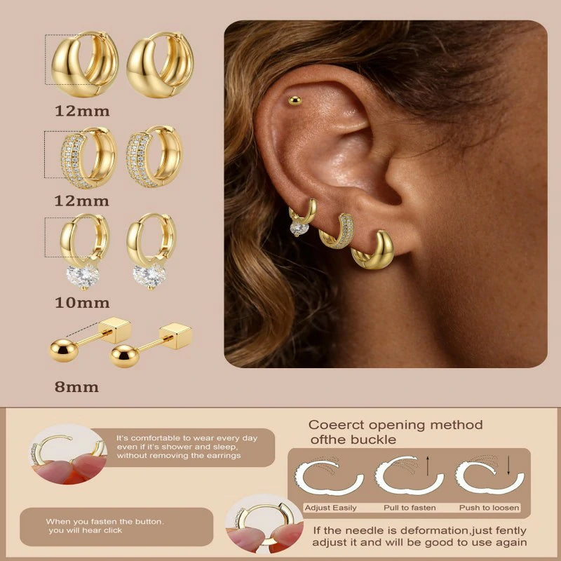 14K Gold Plated Hoop Huggie Earrings Set Hypoallergenic Lightweight Multiple