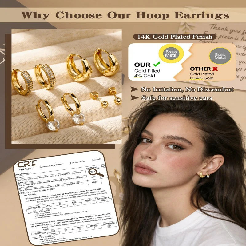 14K Gold Plated Hoop Huggie Earrings Set Hypoallergenic Lightweight Multiple