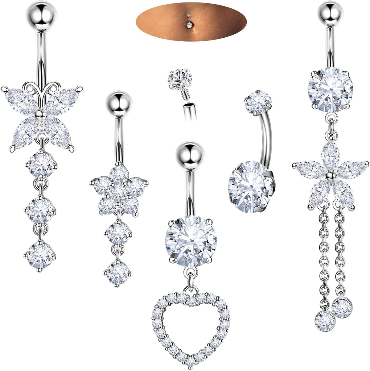 14G Belly Button Piercing Rings for Women - Surgical Stainless Steel with Cute CZ Flower, Butterfly, and Heart Designs - Belly Rings Dangle Navel Piercing Jewelry (Pink/Gold/Silver - 我的商店我的商店我的商店