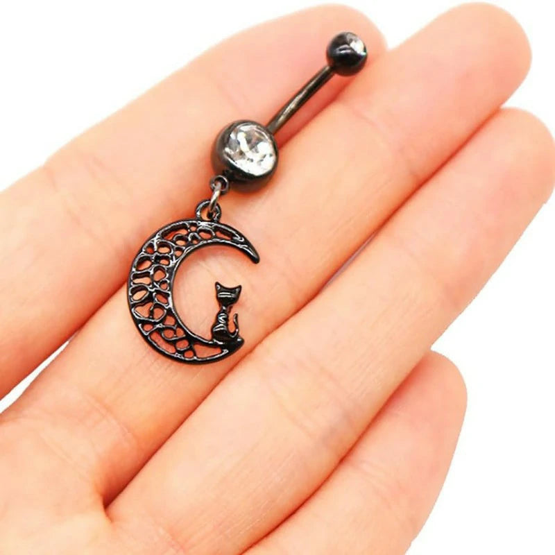 14G Black Stainless Steel Belly Button Rings CZ Moon Heart Ghost Dangle Belly Naval Rings