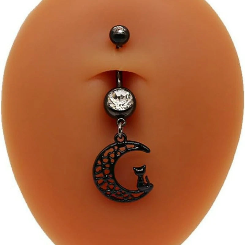 14G Black Stainless Steel Belly Button Rings CZ Moon Heart Ghost Dangle Belly Naval Rings