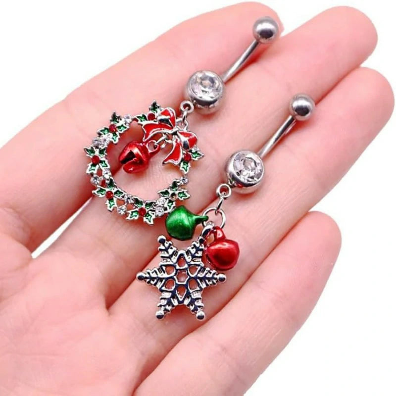 14G Christmas Colorful Jingle Bell Belly Button Ring Stainless Steel Bowknot Star