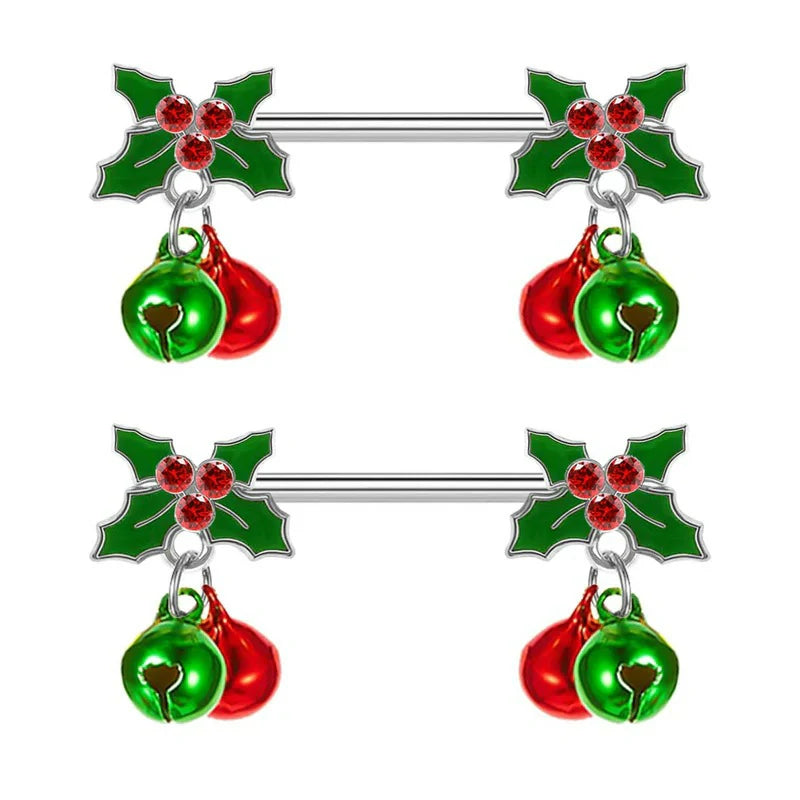 14G Christmas Nipple Barbell Jingling Bell Ring 316L Surgical Stainless Steel Women's Nipple Rings