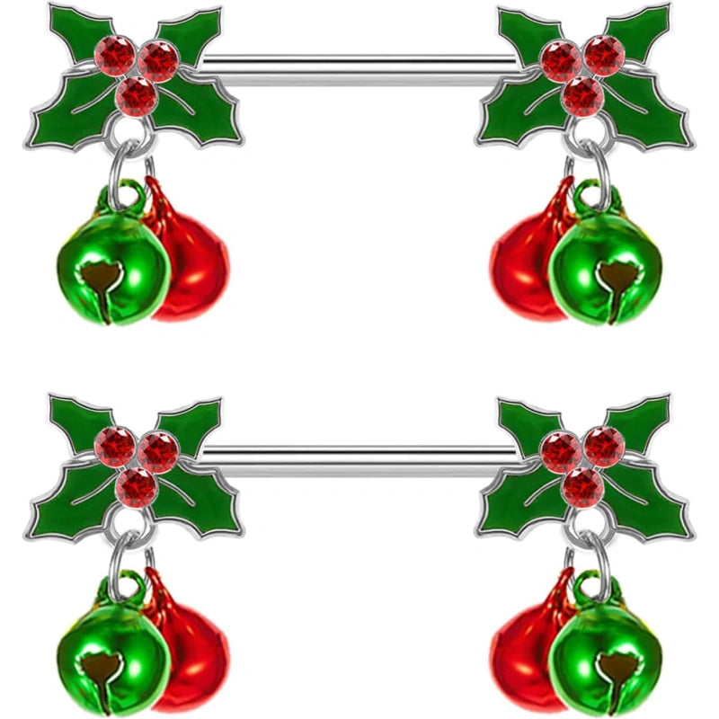  A pair of shiny stainless steel nipple barbells with dangling Christmas bells, displayed on a festive red background.
