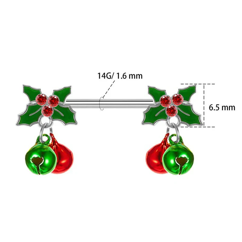 14G Christmas Nipple Barbell Jingling Bell Ring 316L Surgical Stainless Steel Women's Nipple Rings