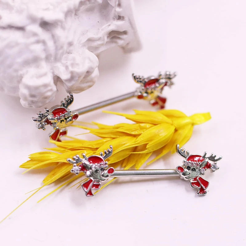 14G Christmas Nipple Barbell Santa Claus Ring 316L Surgical Stainless Steel