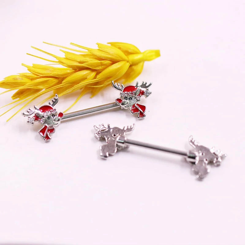 14G Christmas Nipple Barbell Santa Claus Ring 316L Surgical Stainless Steel
