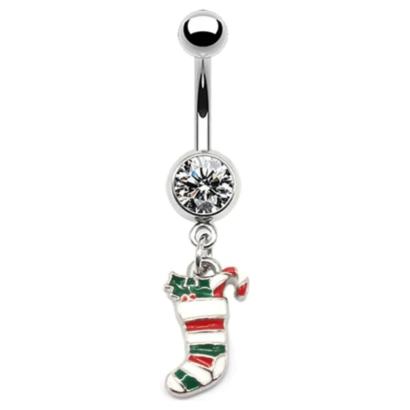 14G Cute  316L Surgical Steel Christmas Tree Hat Jingle Bells Snowflake Barbell Ring