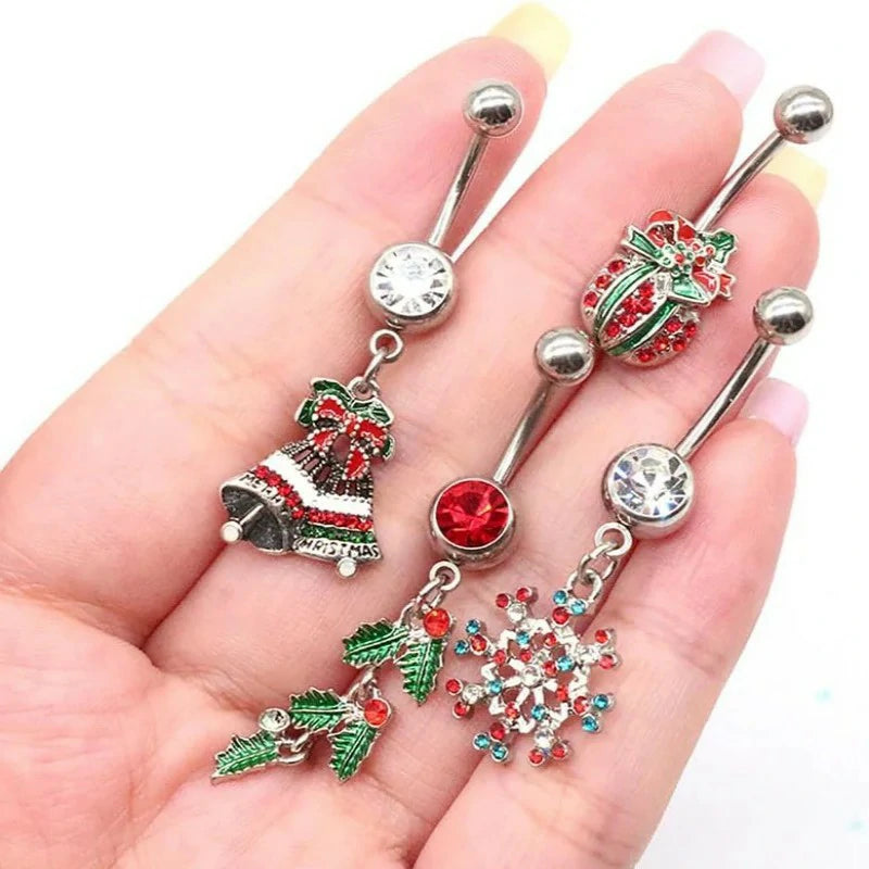 14G Cute  316L Surgical Steel Christmas Tree Hat Jingle Bells Snowflake Barbell Ring