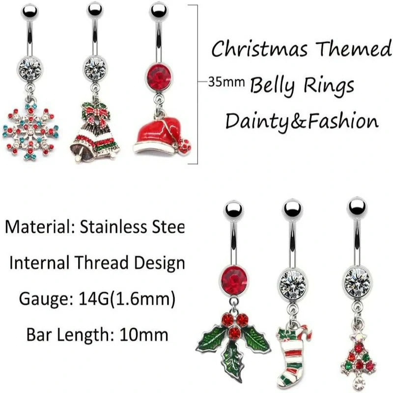 14G Cute  316L Surgical Steel Christmas Tree Hat Jingle Bells Snowflake Barbell Ring