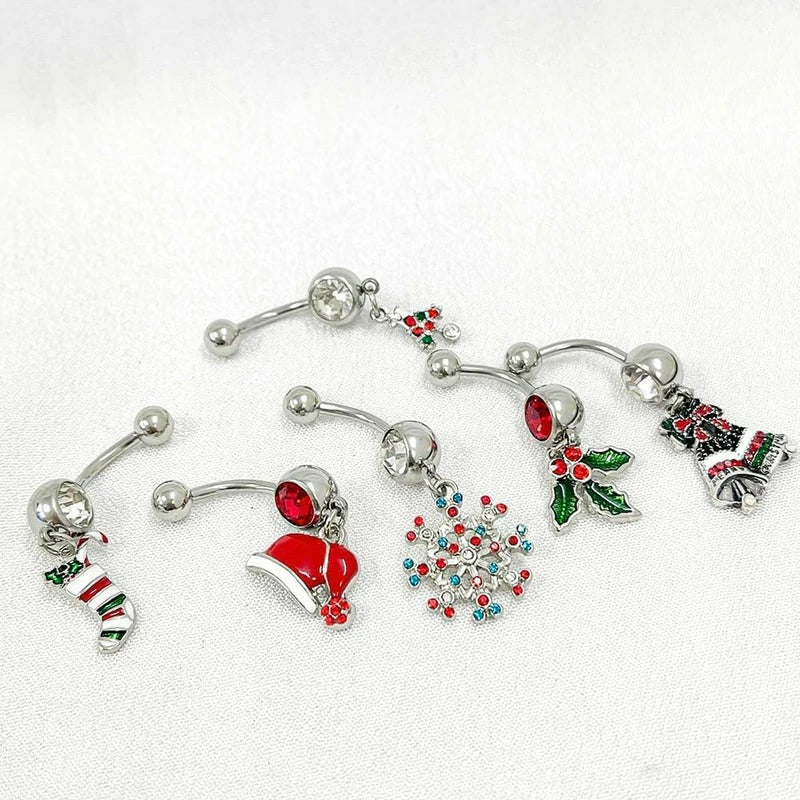 14G Cute  316L Surgical Steel Christmas Tree Hat Jingle Bells Snowflake Barbell Ring