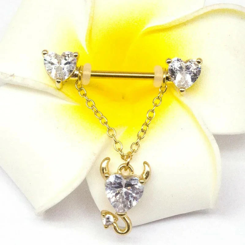 14G Devil Heart Dangle Nipple Ring Stainless Steel Sparkling Barbell Body Jewelry