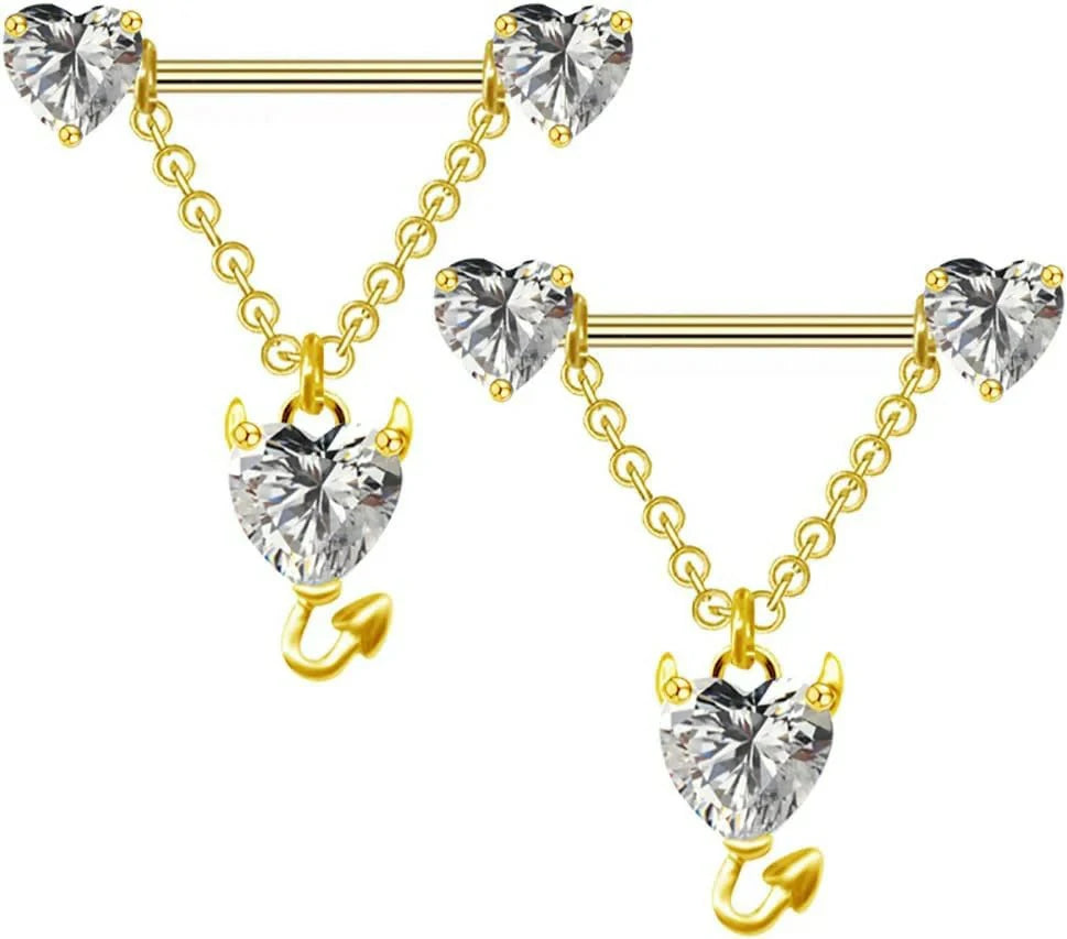 14G Devil Heart Dangle Nipple Ring Stainless Steel Sparkling Barbell Body Jewelry