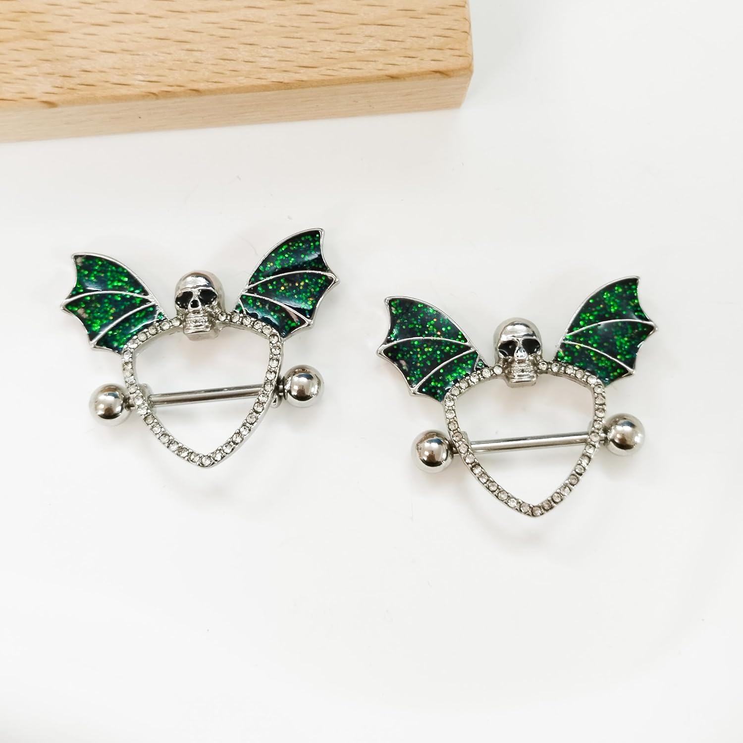 14G Green Bat Skull Nipple Rings for Women Surgical Stainless Steel Skeleton Nipplerings Nipple Studs Barbells Halloween Body Piercing Jewelry - QIAO CrystalQIAO CrystalQIAO Crystal