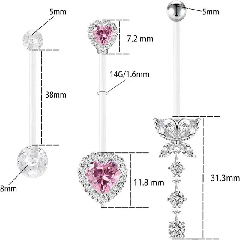 14G Heart Flexible Clear Acrylic Pregnancy Butterfly Dangle Pregnancy Maternity Belly Rings