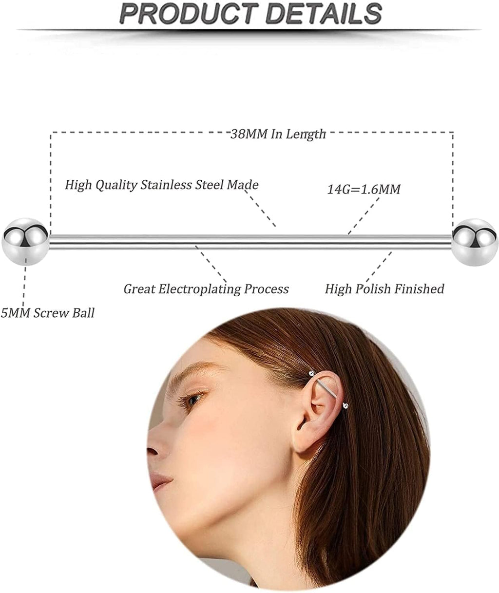 14g Industrial Piercing Jewelry Barbell Surgical Steel Cartilage Earrings CZ Industrial Earring - QIAO CrystalQIAO CrystalQIAO Crystal